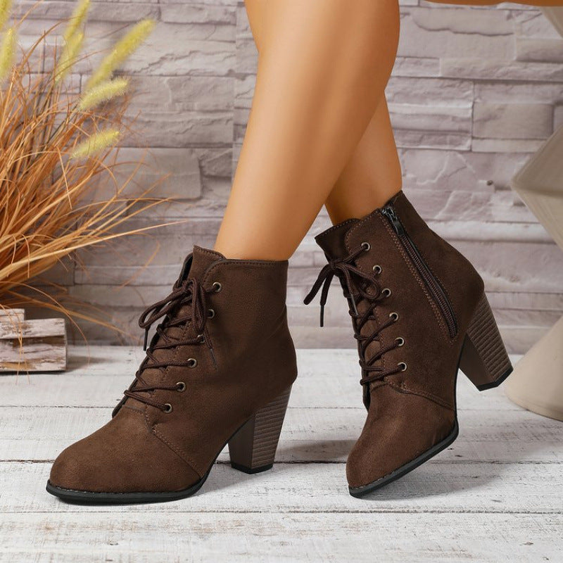 New Autumn/Winter Women's Fashionable & Comfortable Lace-Up High-Heeled Ankle Boots